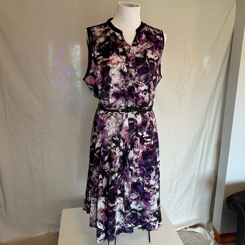 Simply Vera Vera Wang Purple Black Midi Dress sleeveless belted shirt dress XL